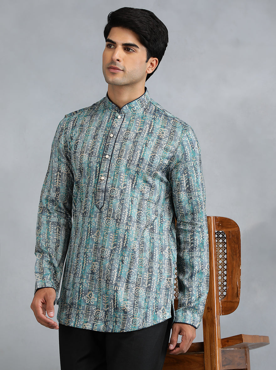 Teal Blue Printed Kurta for Men