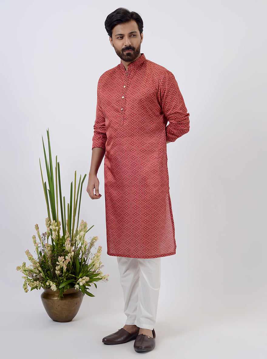 Red Bandhani Printed Kurta For Men