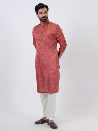 Red Bandhani Printed Kurta For Men