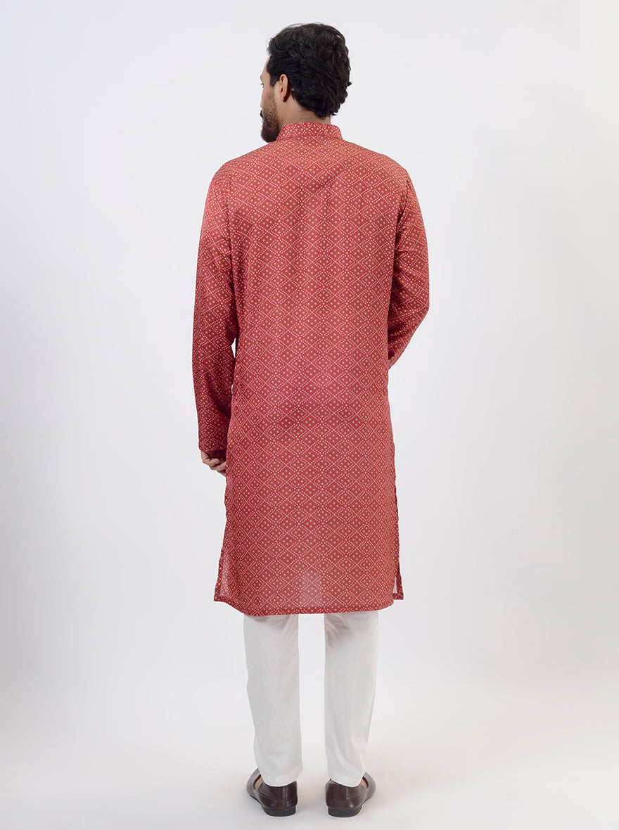 Red Bandhani Printed Kurta For Men