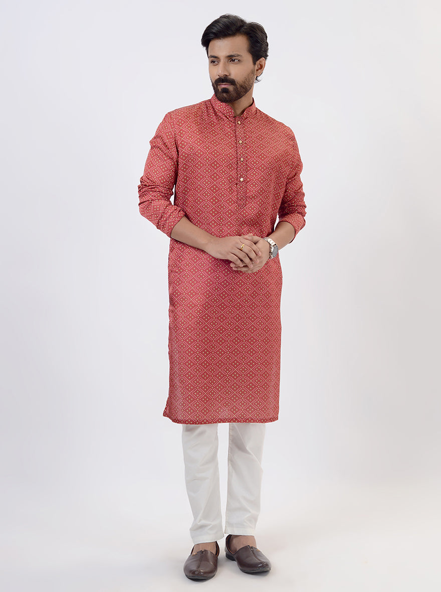 Red Bandhani Printed Kurta For Men