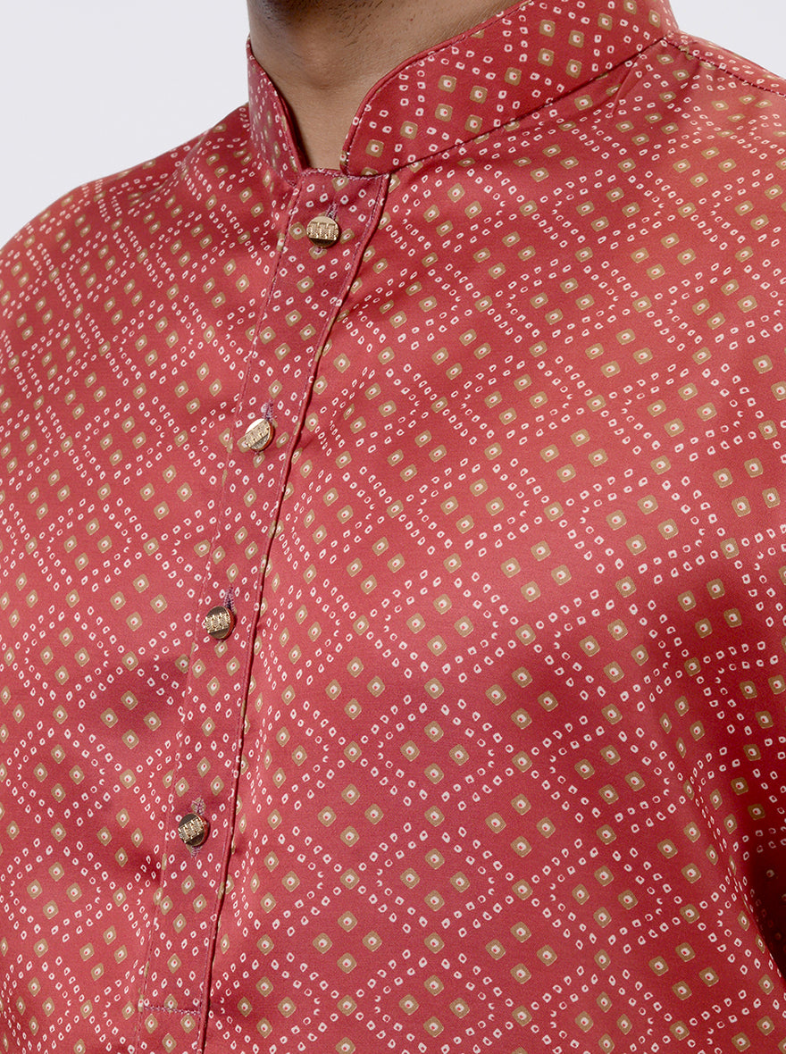 Red Bandhani Printed Kurta For Men