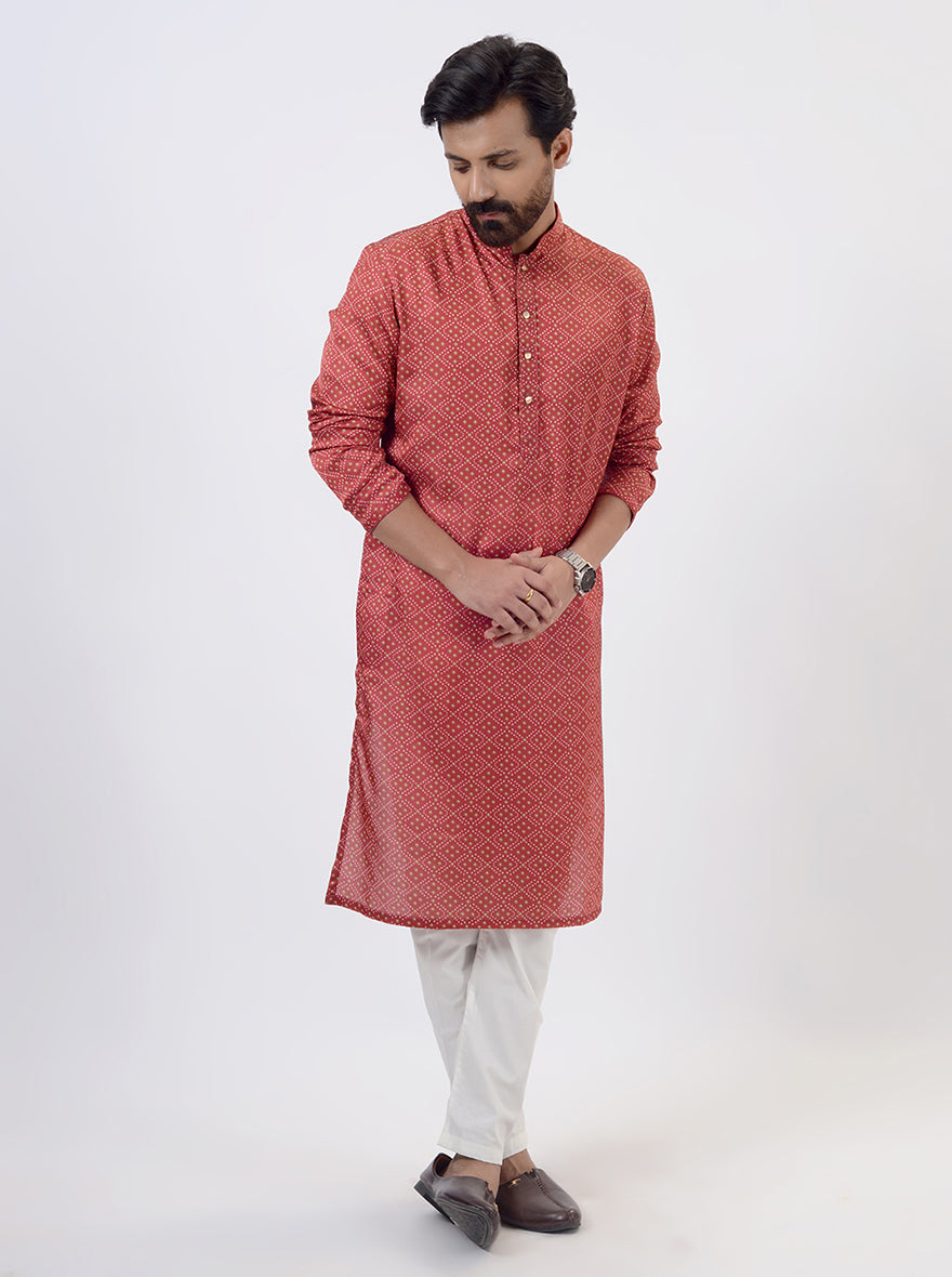 Red Bandhani Printed Kurta For Men