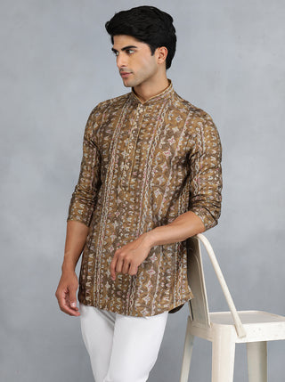 White Brown Self Design Kurta for Men