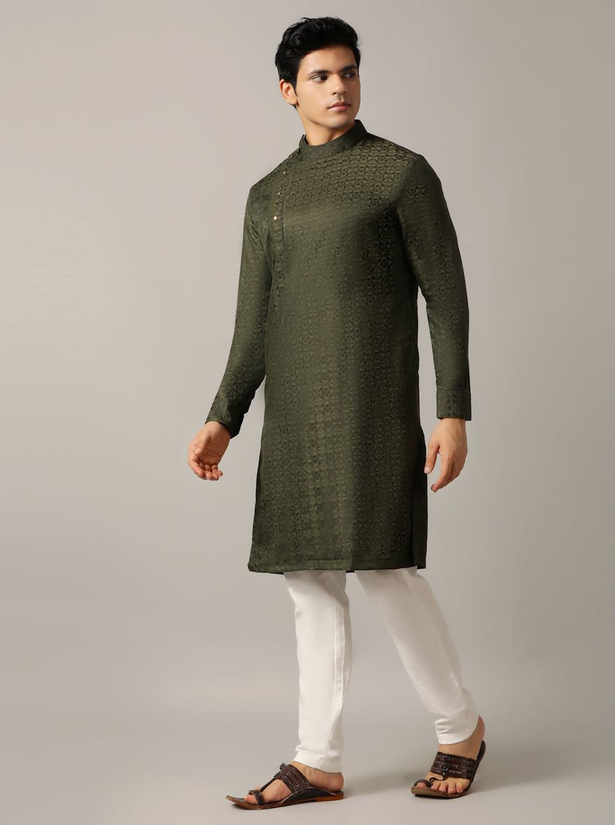 Green Self Design Kurta For Men