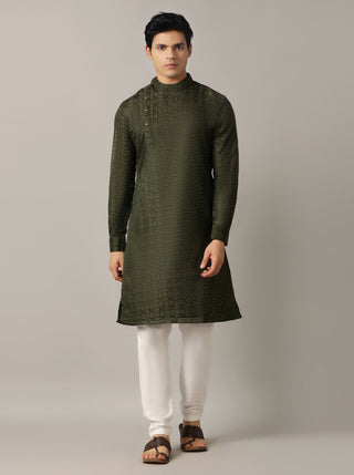 Green Self Design Kurta For Men