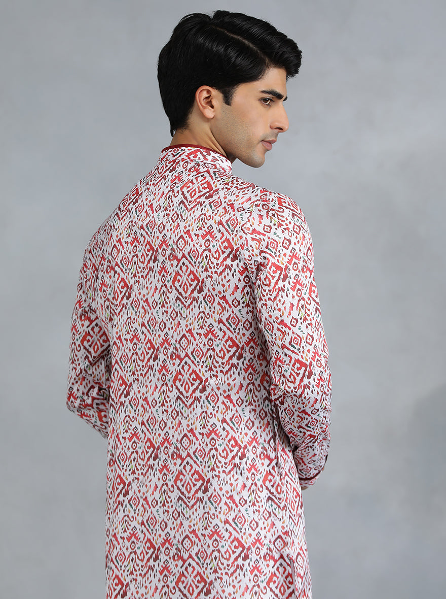 White Red Self Design Kurta for Men