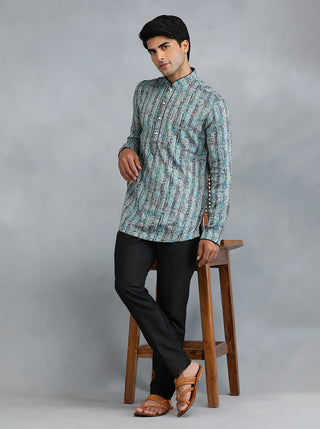 Teal Blue Printed Kurta for Men