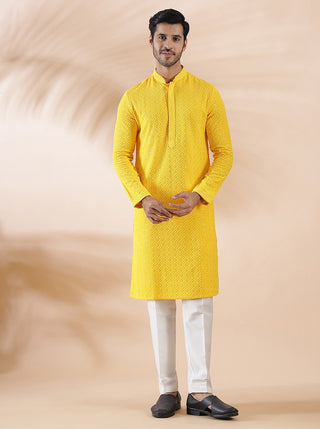 Yellow Embroidered Kurta For Men