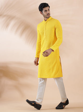 Yellow Embroidered Kurta For Men