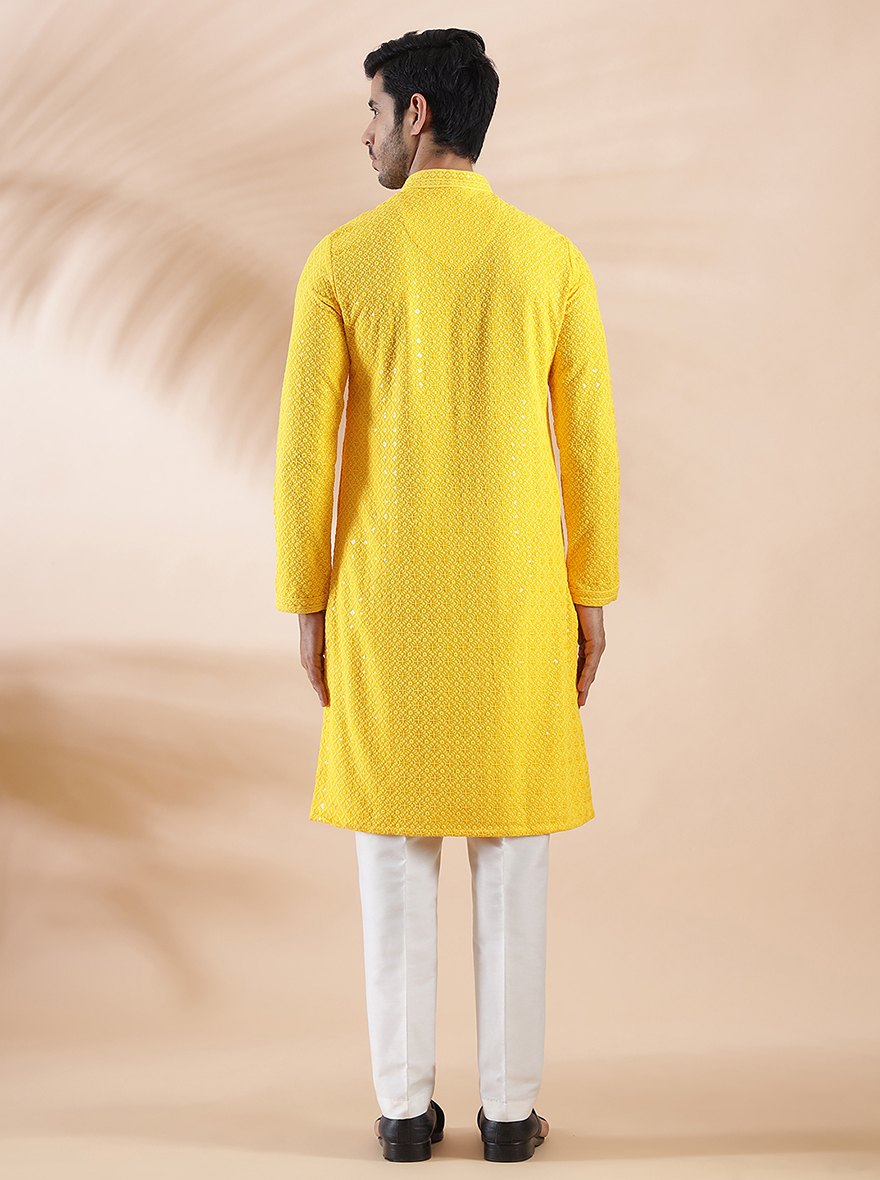 Yellow Embroidered Kurta For Men