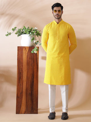 Yellow Embroidered Kurta For Men