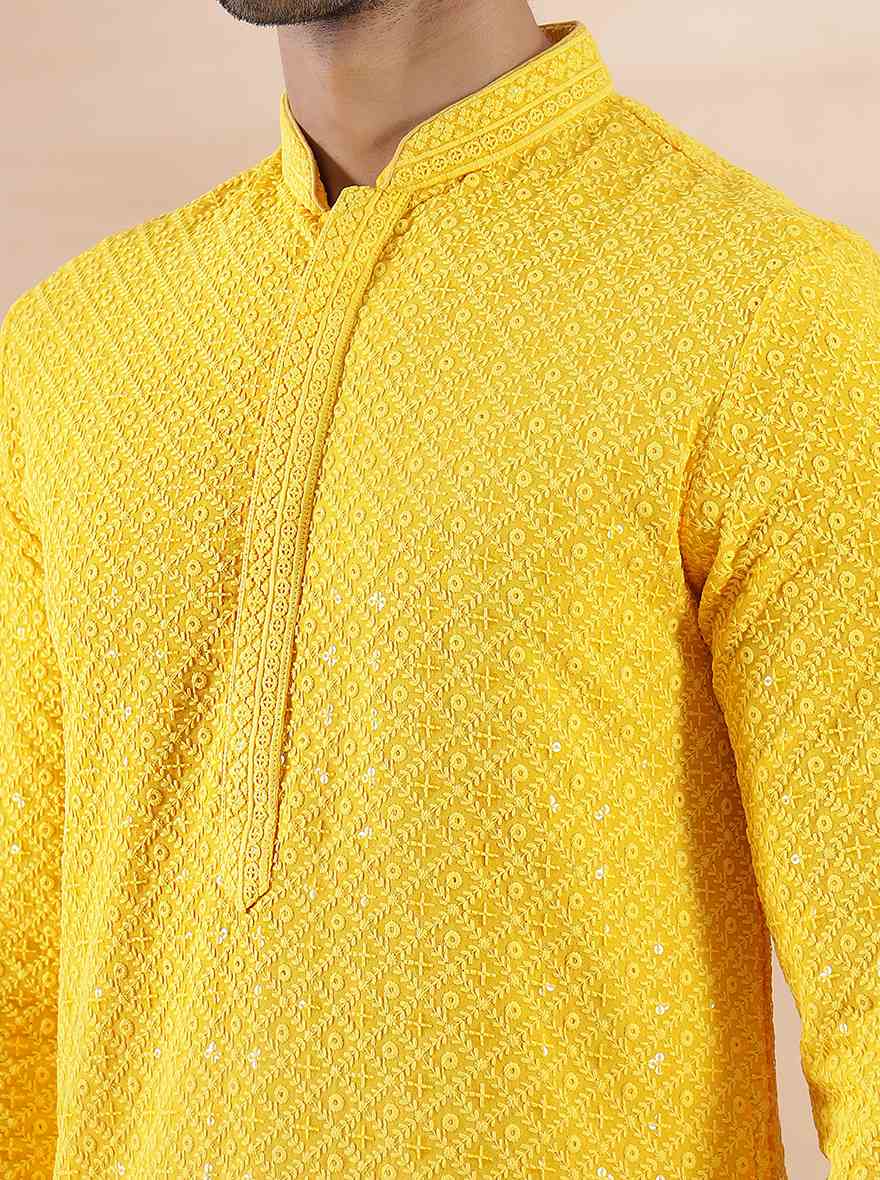 Yellow Embroidered Kurta For Men