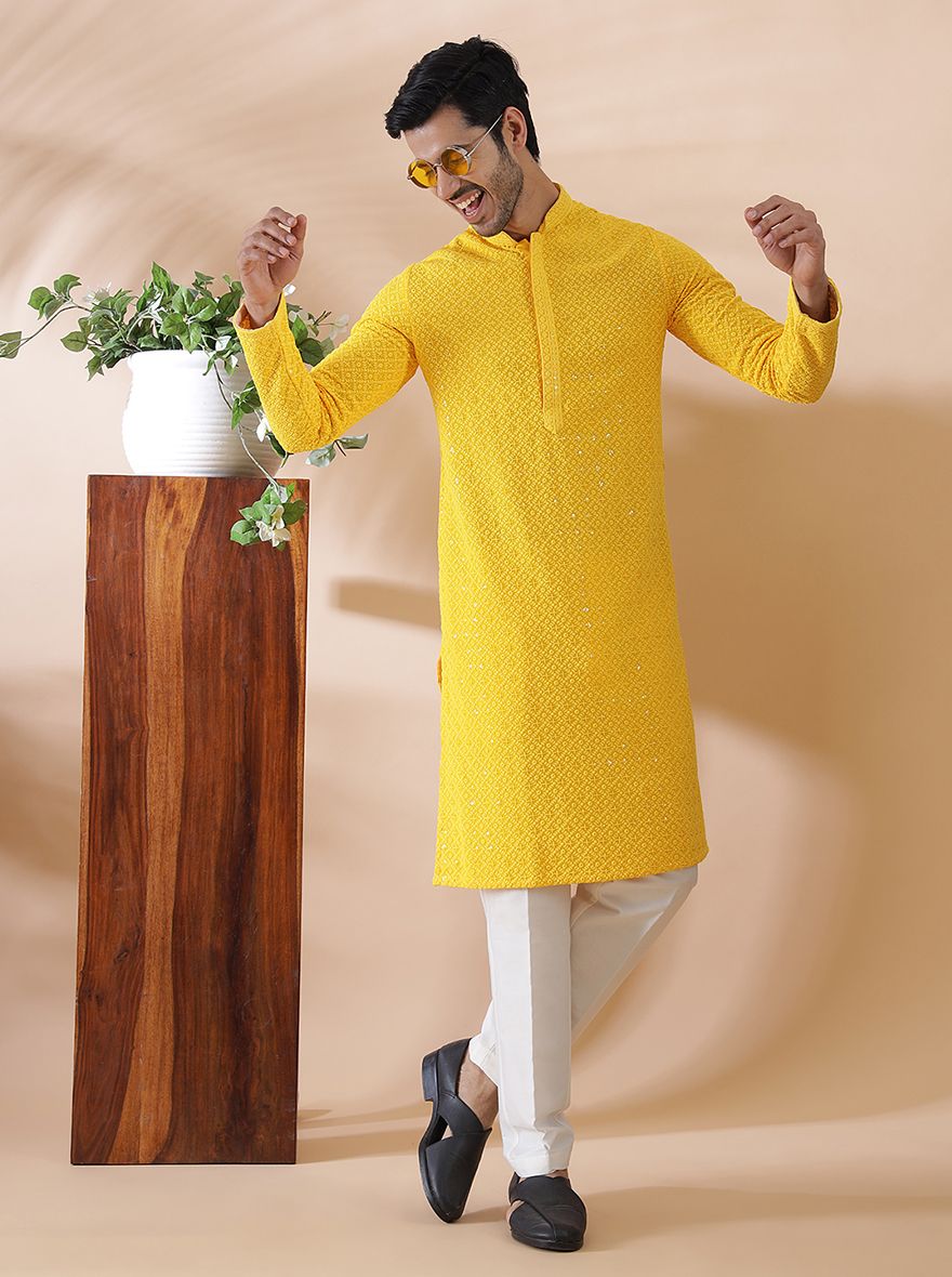 Yellow Embroidered Kurta For Men