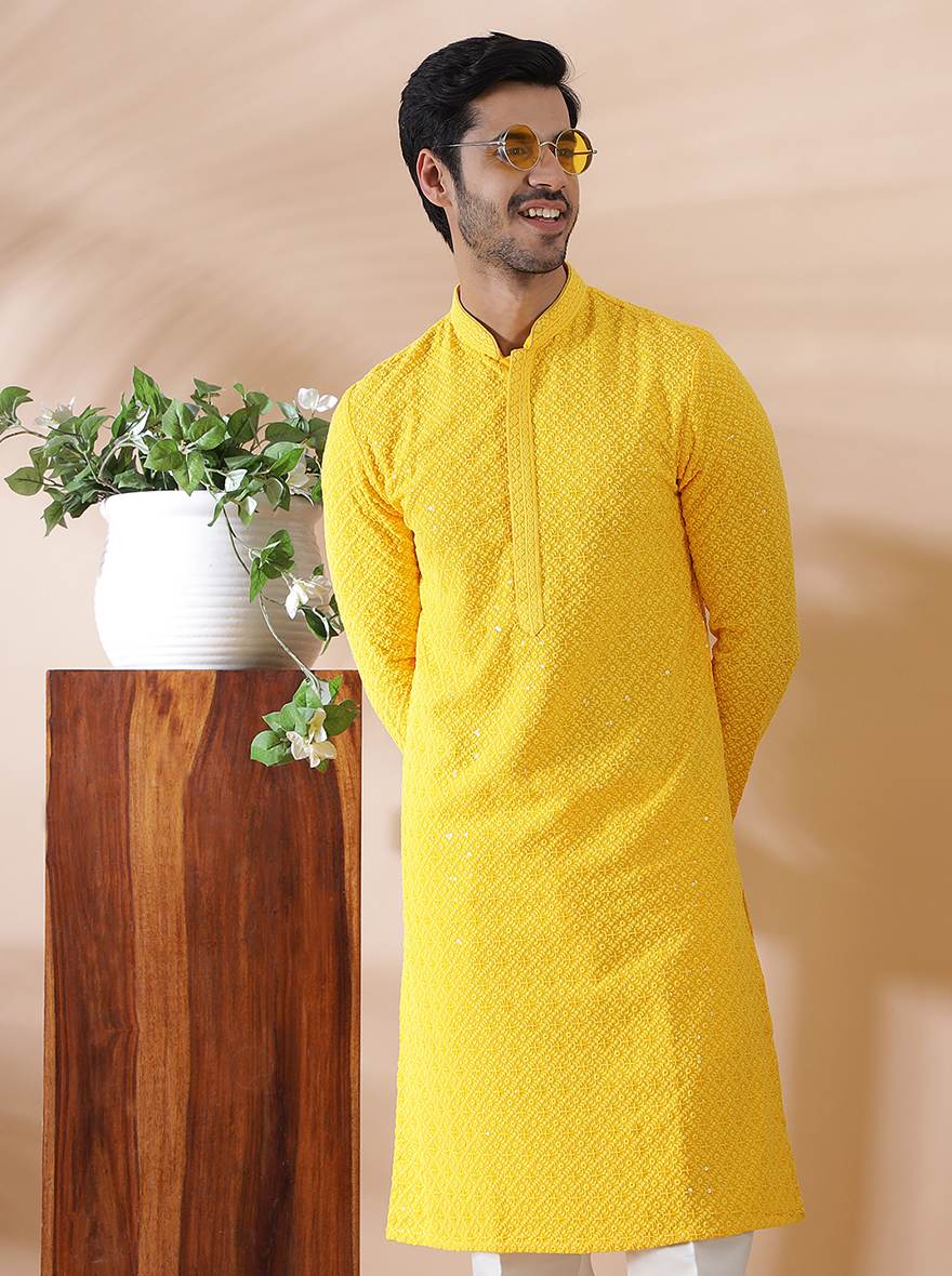 Yellow Embroidered Kurta For Men