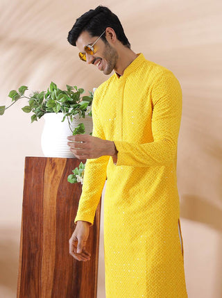 Yellow Embroidered Kurta For Men