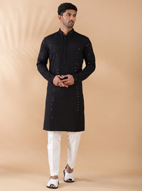 Black All Over Embroidered Kurta For Men