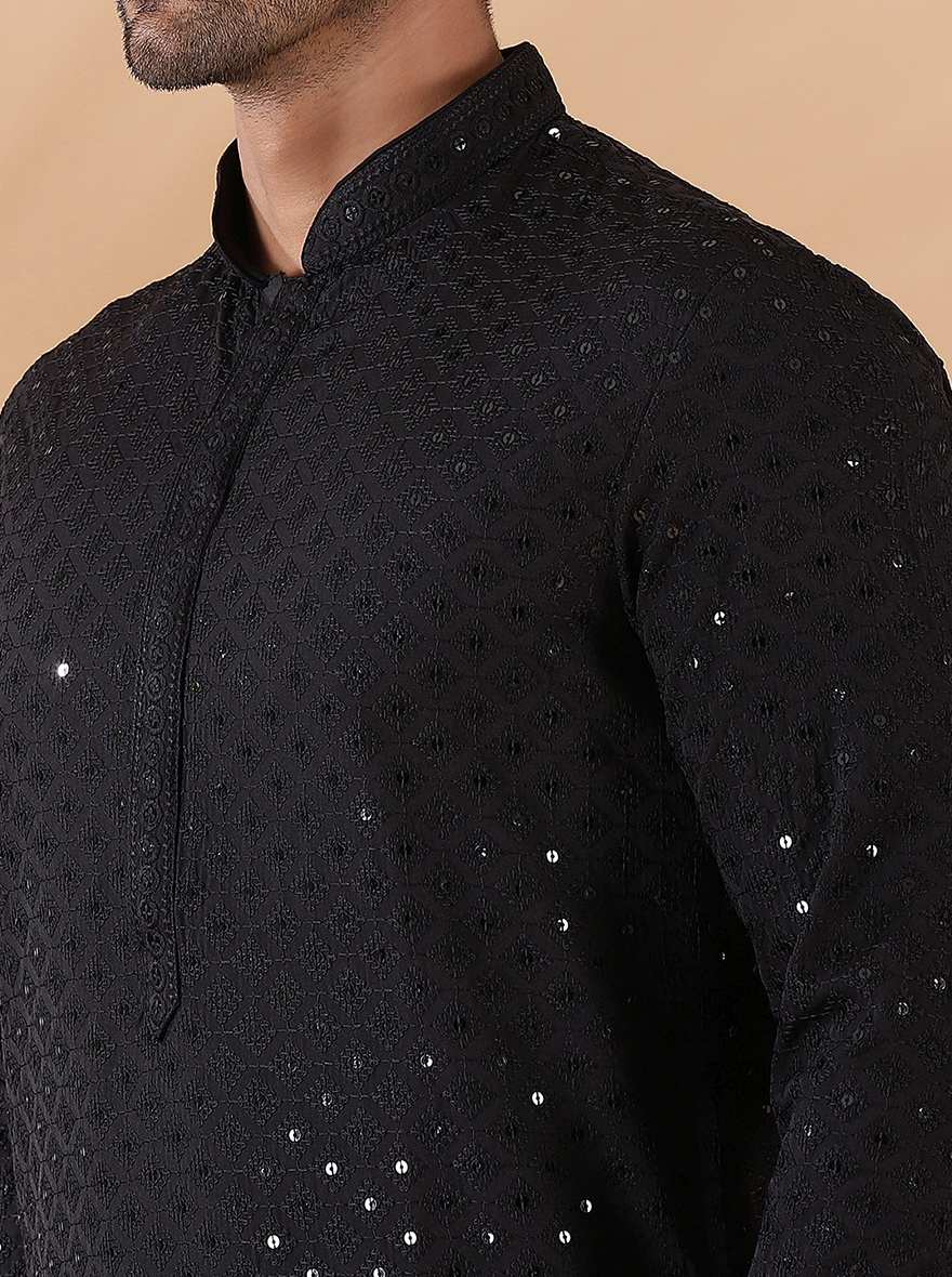 Black All Over Embroidered Kurta For Men