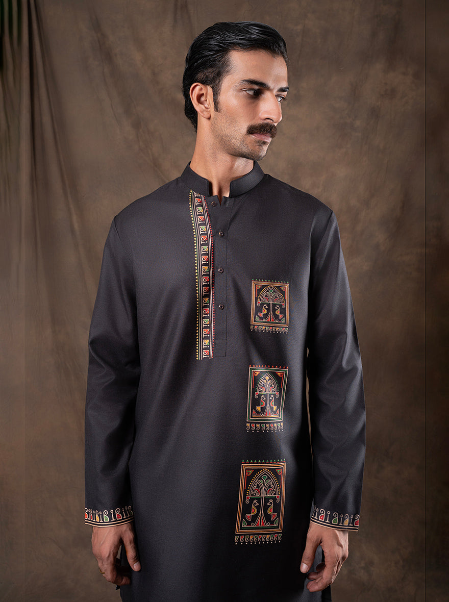 Black Printed Kurta For Men