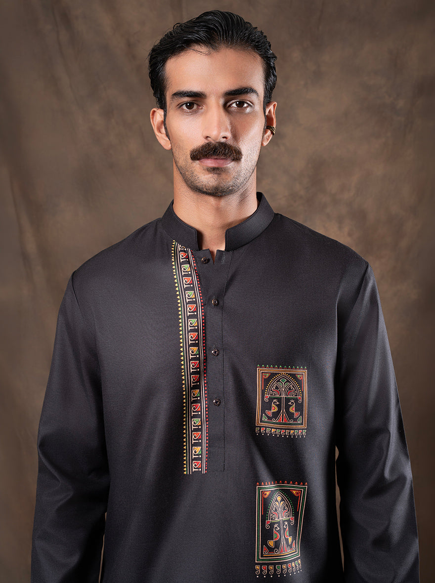 Black Printed Kurta For Men