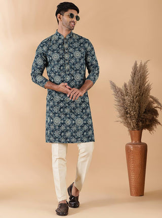 men's kurta dress Blue Printed Rayon Kurta for Men | Festive Wear Full Sleeve Kurta with Mandarin Collar | Regular Fit Classic Straight Cut Men's Kurta