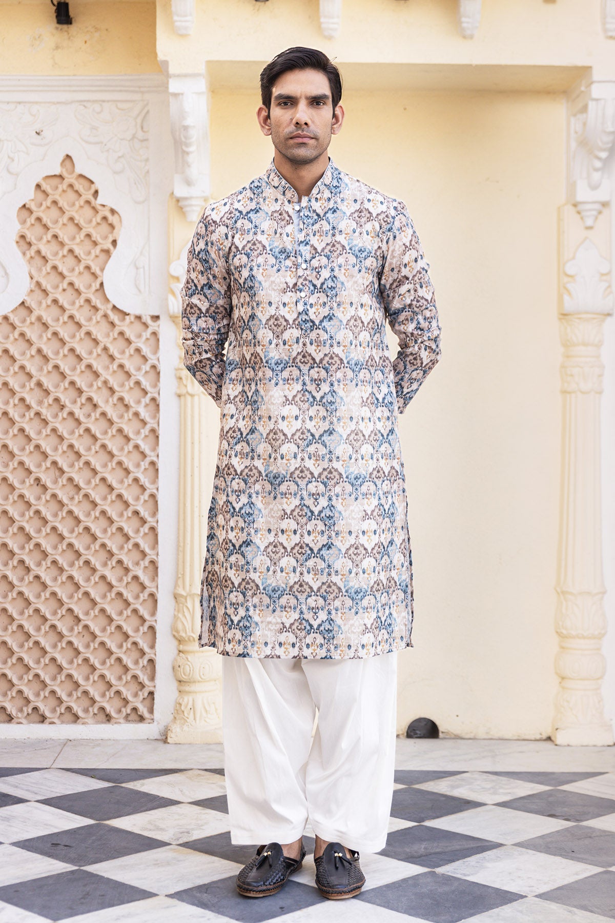 Multi Beige Printed Cotton Blend Kurta for Men