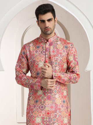 Pink Printed Kurta For Men