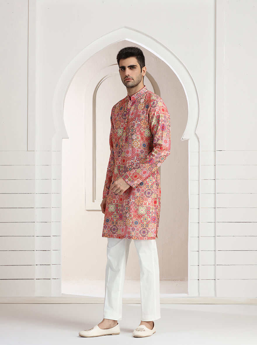 Pink Printed Kurta For Men