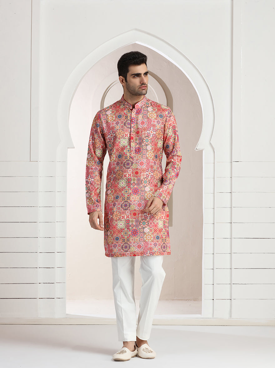 Pink Printed Kurta For Men
