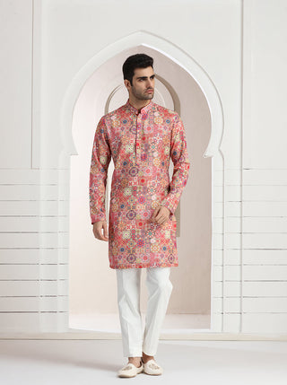Pink Printed Kurta For Men