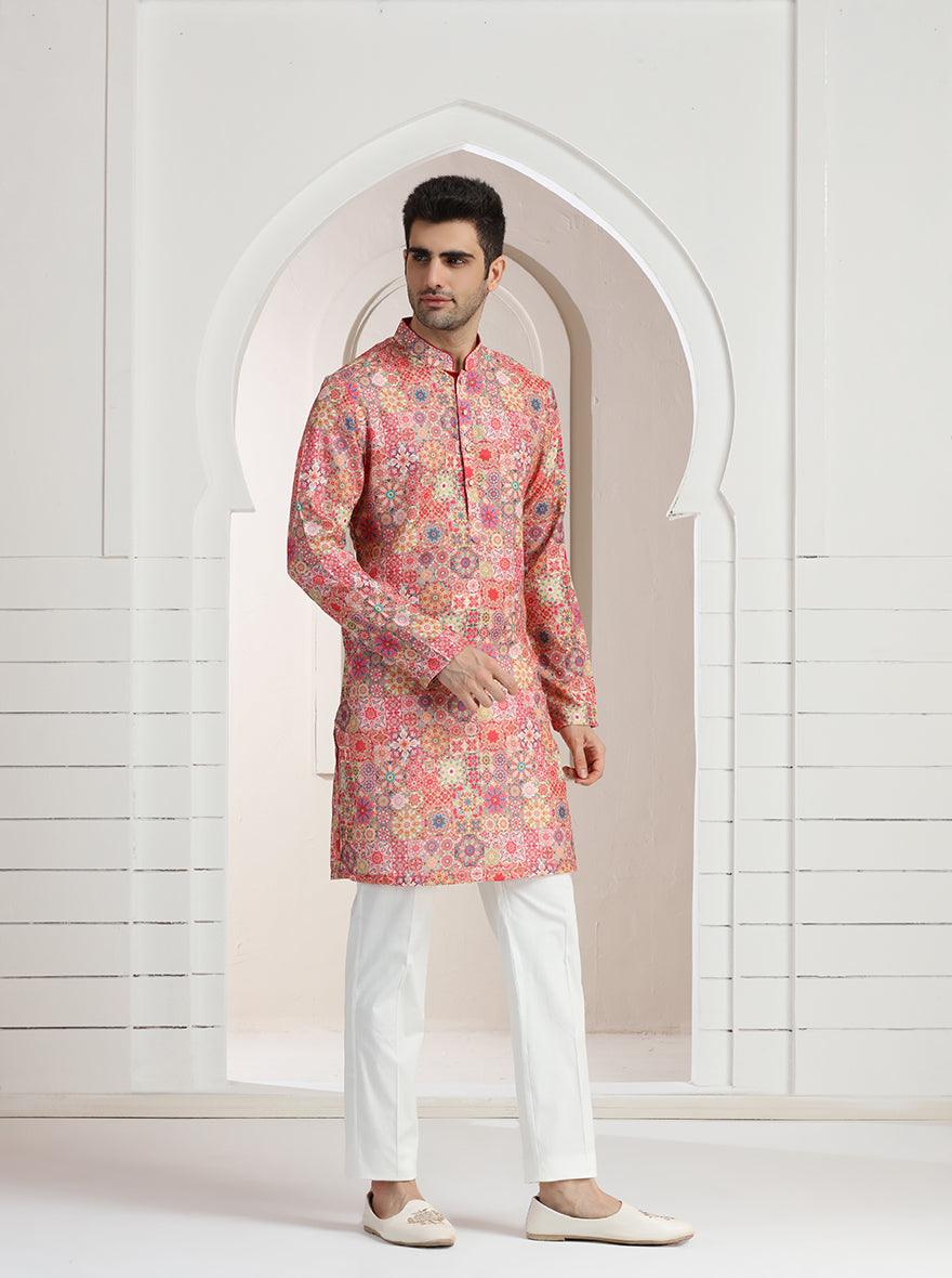 Pink Printed Kurta For Men