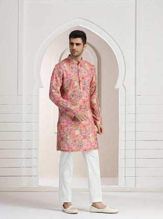Pink Printed Kurta For Men