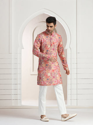 Pink Printed Kurta For Men