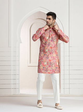 Pink Printed Kurta For Men
