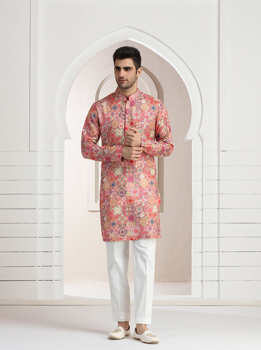 Pink Printed Kurta For Men