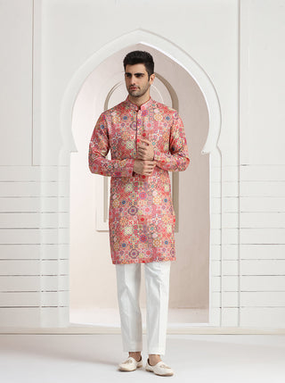 Pink Printed Kurta For Men