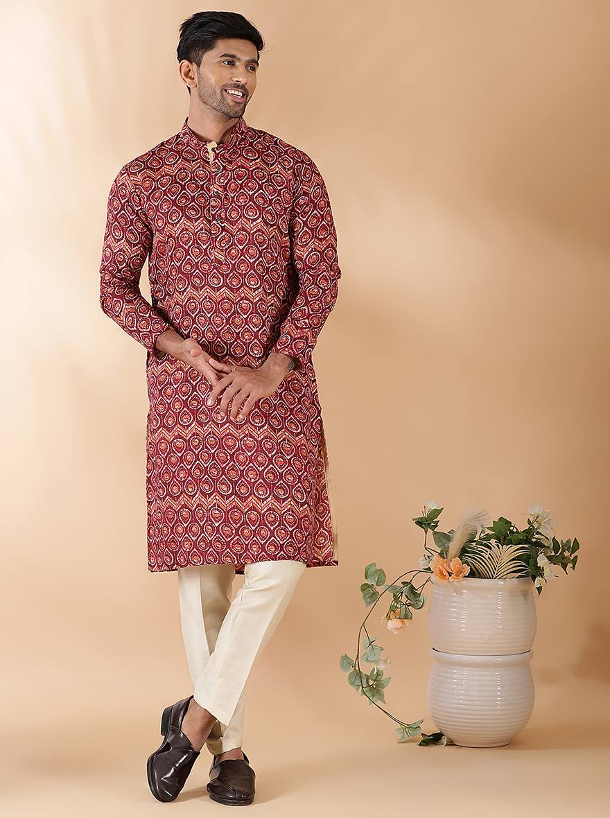 Pink Printed Kurta For Men