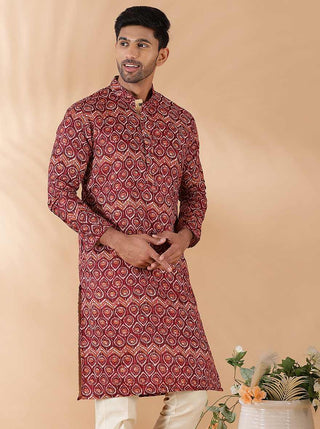 Pink Printed Kurta For Men