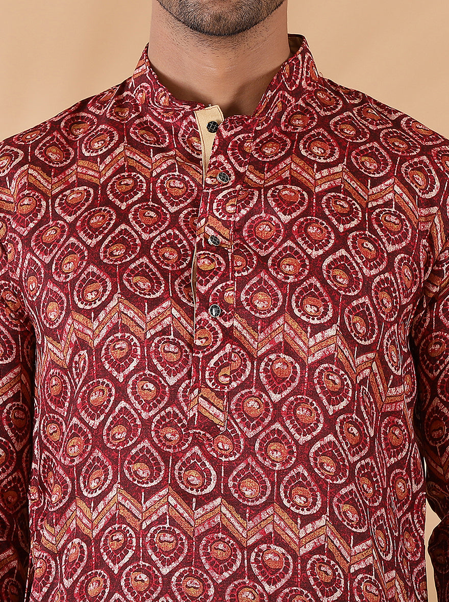 Pink Printed Kurta For Men