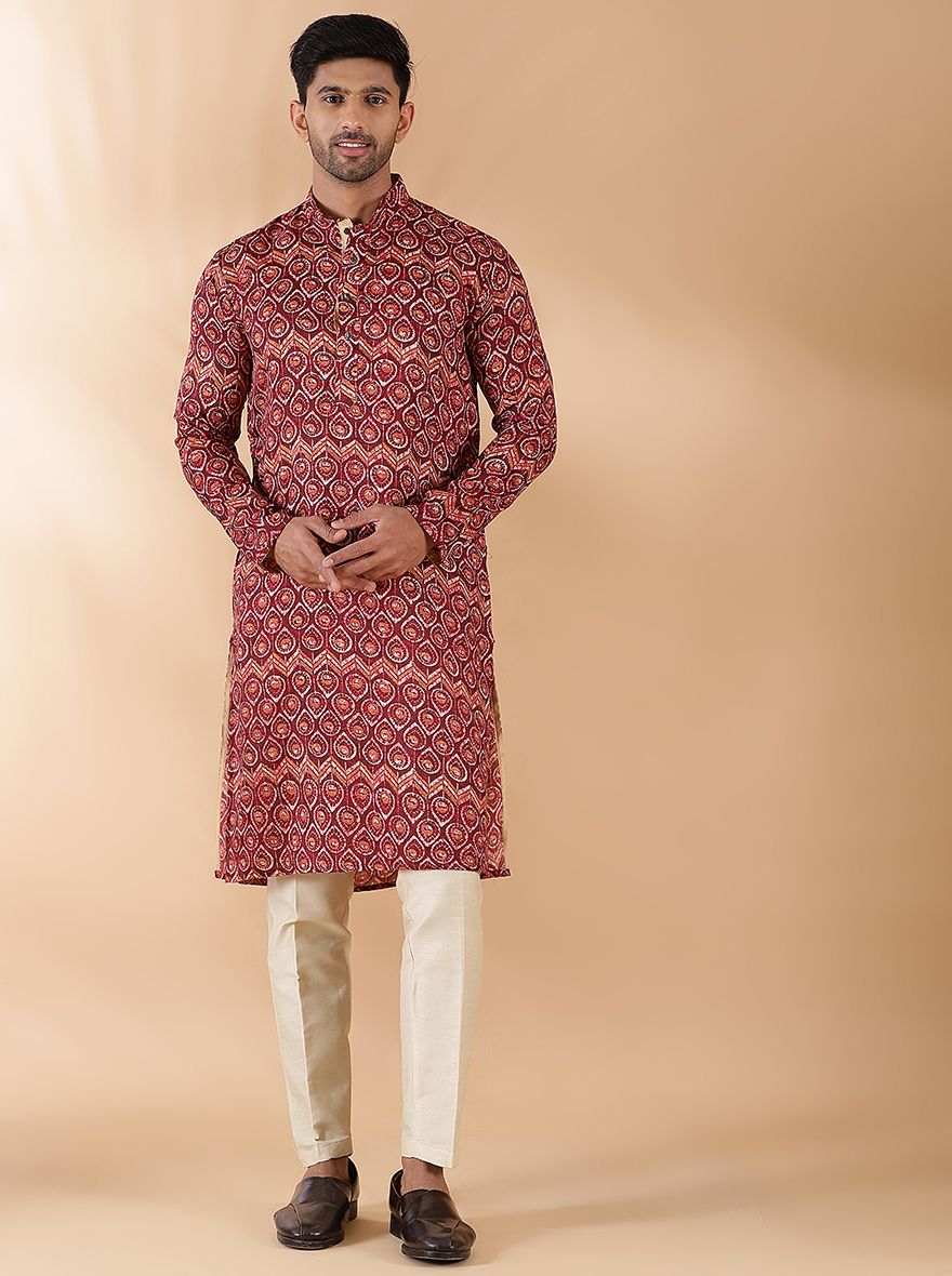 Pink Printed Kurta For Men