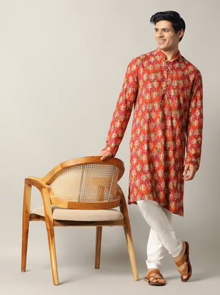 Orange Printed Kurta For Men