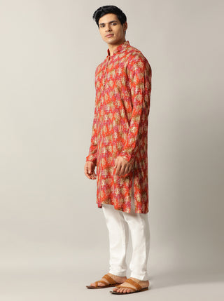 Orange Printed Kurta For Men