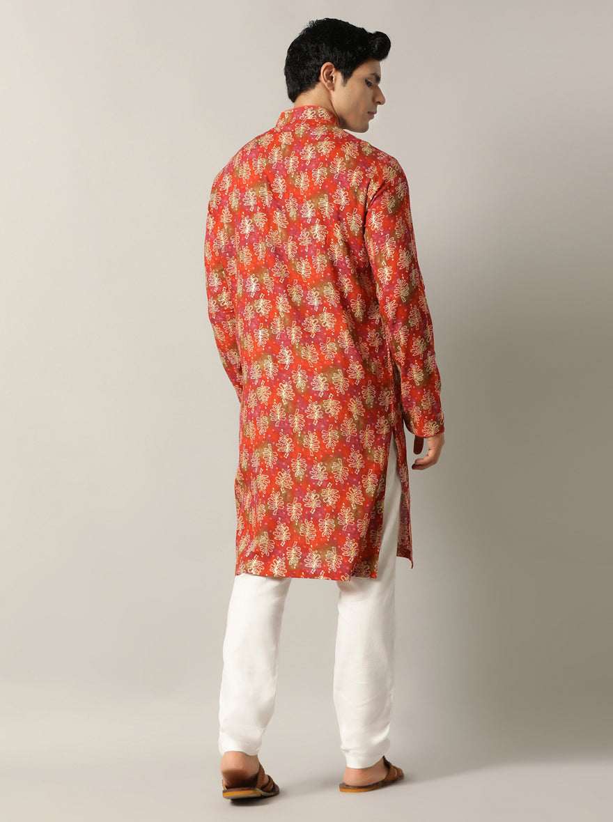 Orange Printed Kurta For Men