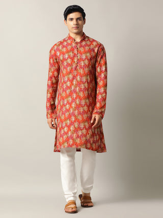 Orange Printed Kurta For Men