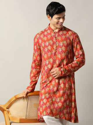 Orange Printed Kurta For Men