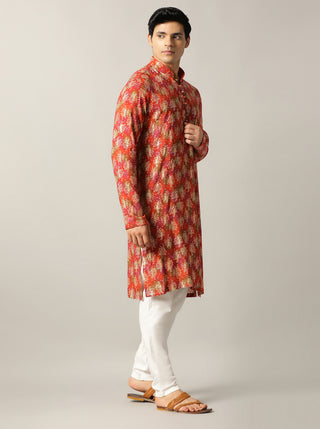 Orange Printed Kurta For Men