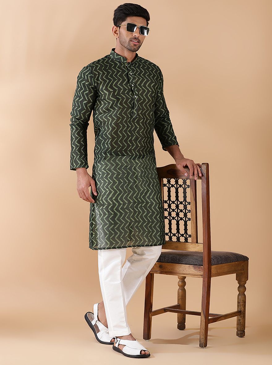 Olive Green Printed Kurta For Men