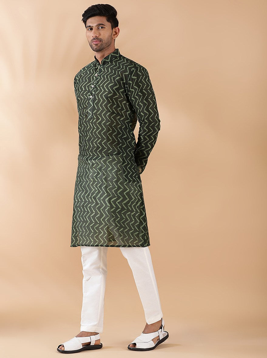 Olive Green Printed Kurta For Men