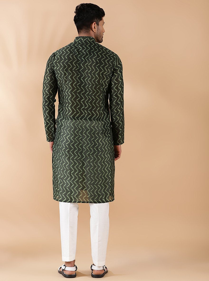 Olive Green Printed Kurta For Men