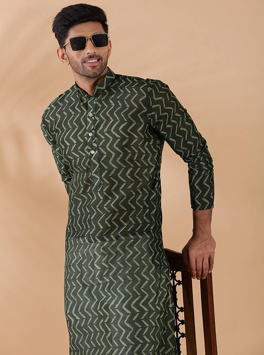 Olive Green Printed Kurta For Men